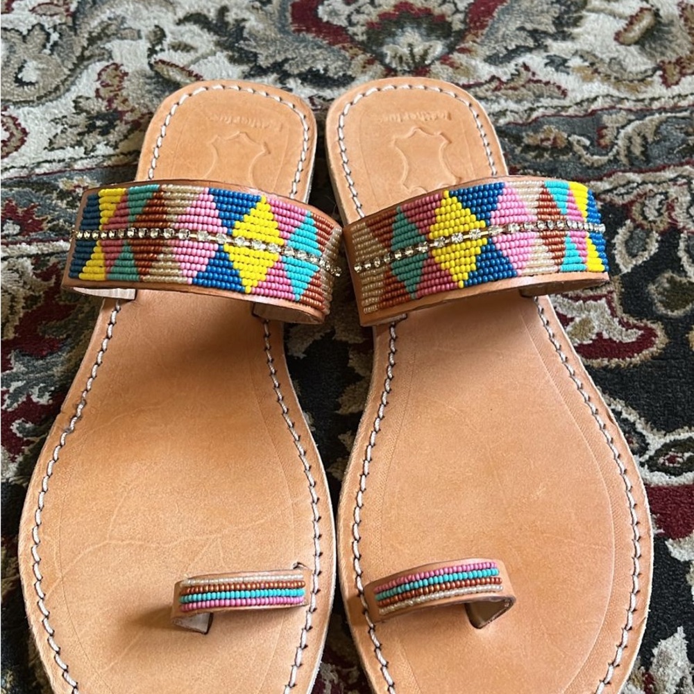 Beaded Leather Slide Sandals in Multicolor